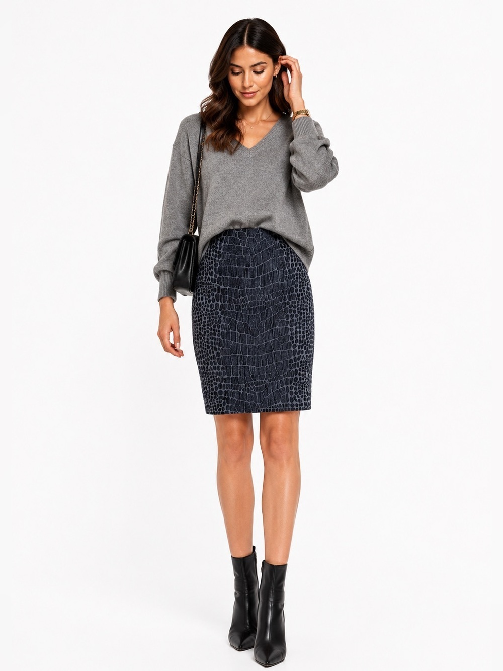 Yves Saint Laurent Charcoal Navy Croc Embossed Alpaca Silk Skirt Size 6